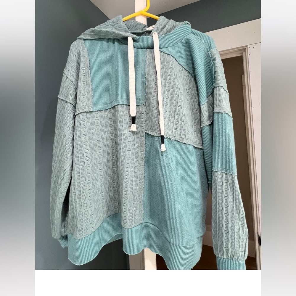 POL Patchwork Knit Hoodie in Mint Green